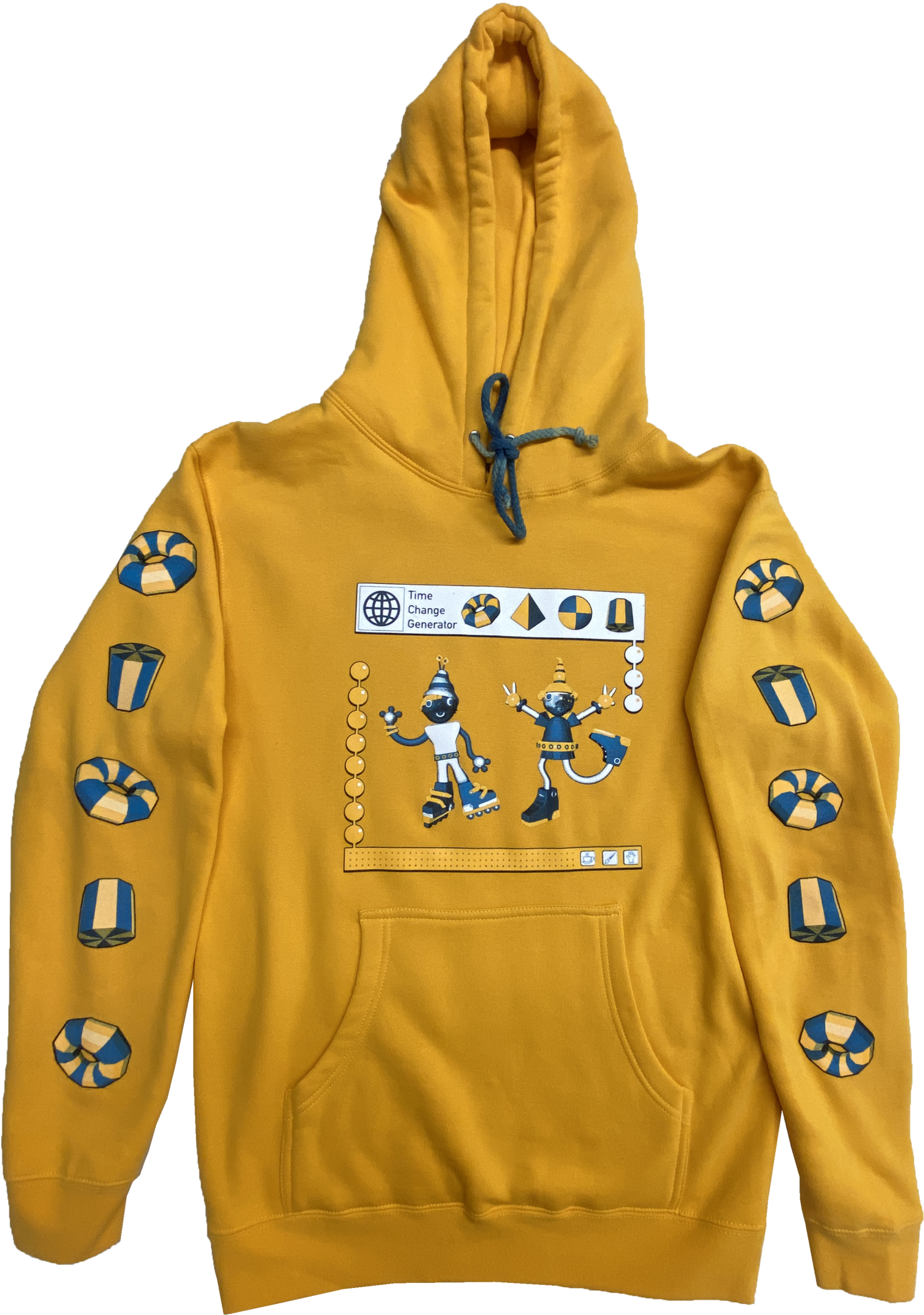 Detail of a long-sleeve bright yellow hoodie with 3D graphics on the chest and sleeves